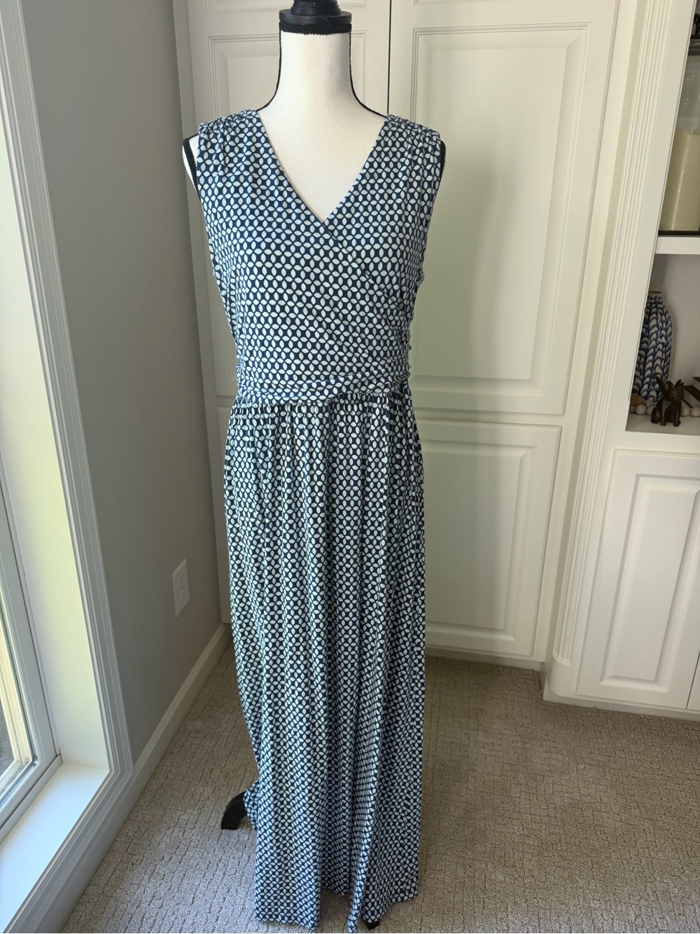 Lands' End Navy and White Sleeveless Wrap-Style Maxi Dress
